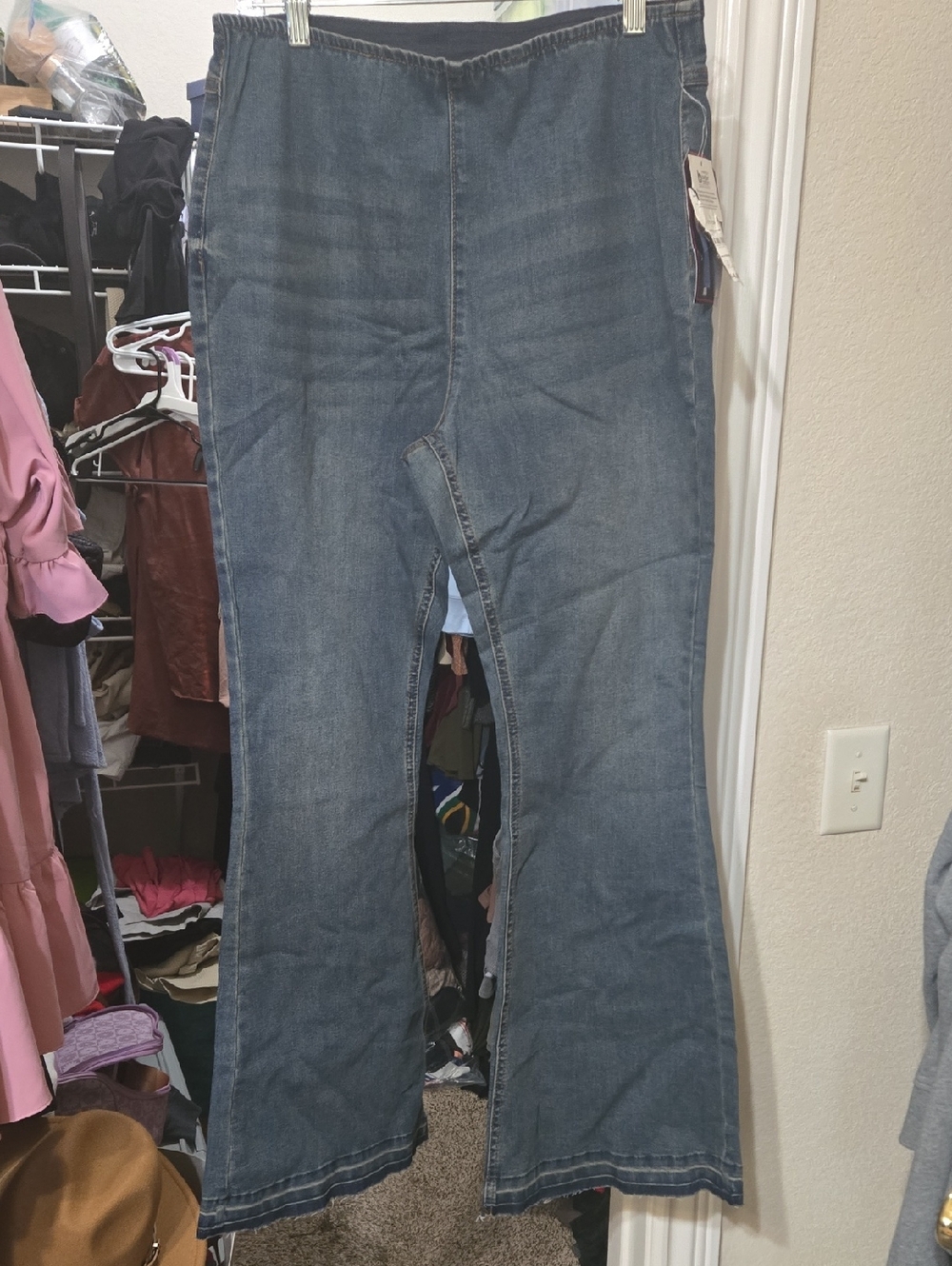 Women's Blue Denim Flare Jeans - Elastic Waist